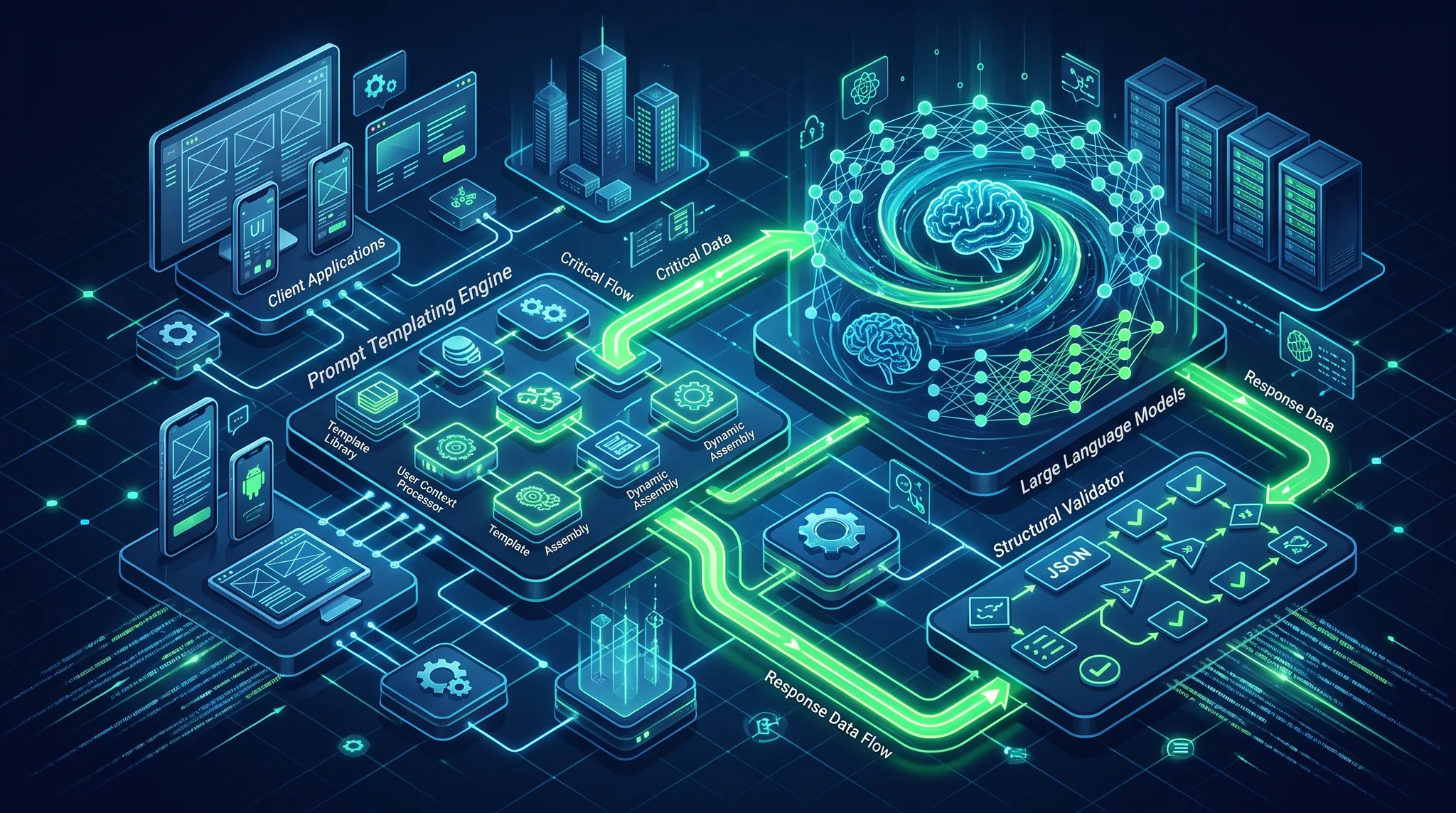 Diagram arsitektur sistem prompt produksi menampilkan alur orkestrasi, validasi skema JSON, dan layer keamanan terhadap injeksi konteks